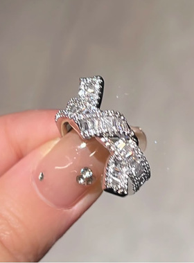 排钻纽结戒指银色闪钻简约设计感开口潮流女百搭质感指环跨境热销