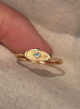 中古风蓝色闪钻马眼戒指女时尚高级感精致指环个性轻奢风气质戒指