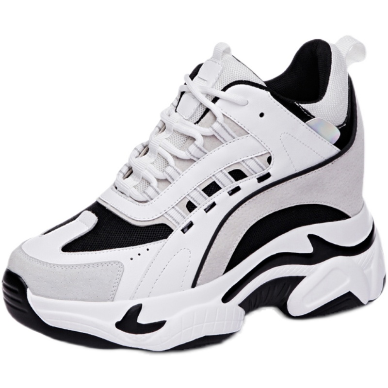 2025春秋新款休闲运动鞋女圆头系带内增高松糕底韩版真皮百搭板鞋 - 图3