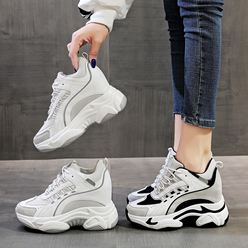 2025春秋新款休闲运动鞋女圆头系带内增高松糕底韩版真皮百搭板鞋 - 图2