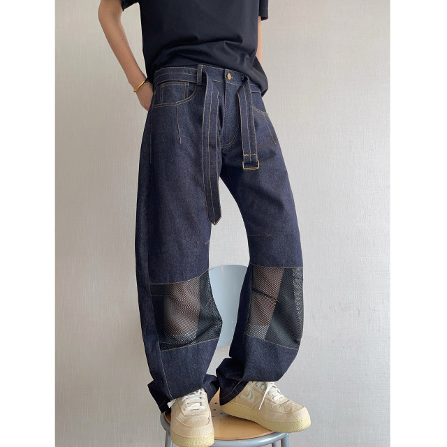 Dannyandzee spring and summer retro denim splicing mesh low-waist scimitar pants streamer jeans men's trousers INS