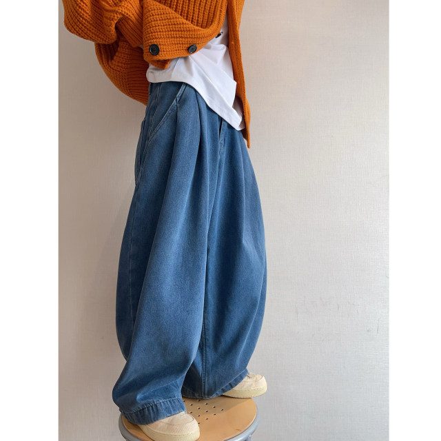Dannyandzee winter retro heavy washed blue plus velvet thickened warm wide leg jeans men's trousers INS