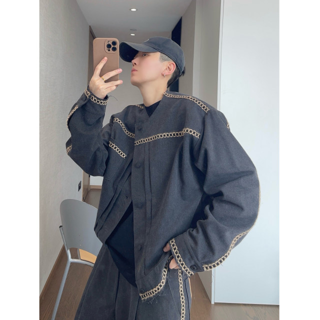 Dannyandzee spring and summer quite wide style beaded canvas loose collarless raw edge webbing work jacket for men