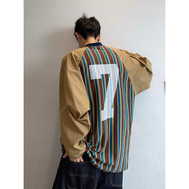 Dannyandzee autumn retro all-match letter print striped splicing raglan sleeves long sleeves V-neck TEE men's INS