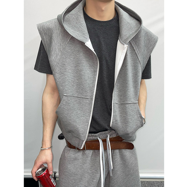 Dannyandzee summer retro versatile lazy gray sports casual cropped pants hooded vest suit for men