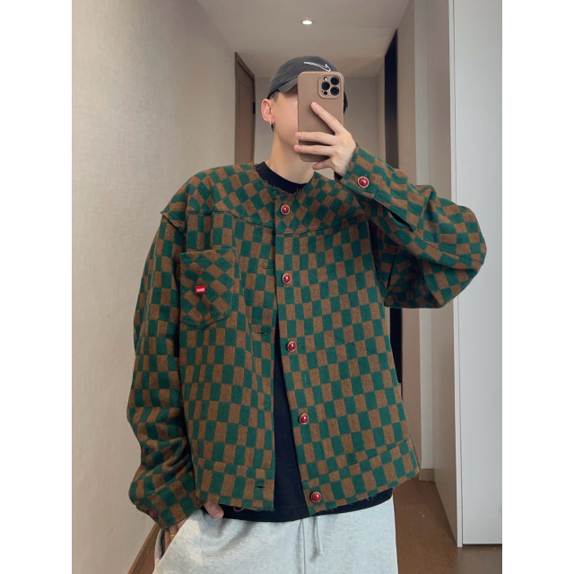 Dannyandzee spring retro loose green checkerboard contrast plaid collarless fur edge jacket for men