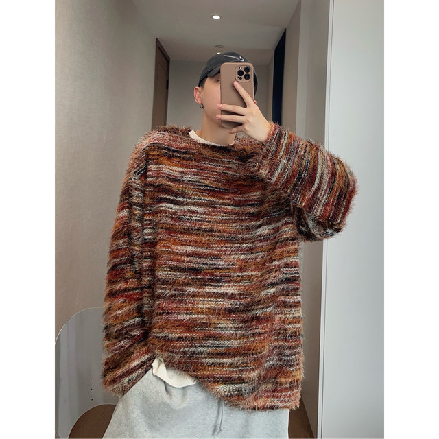 Dannyandzee spring retro gradient color mixed color collarless loose furry long-sleeved T-shirt men's bottoming shirt couple