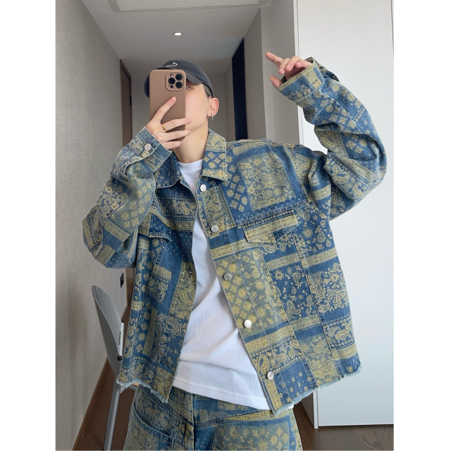 Dannyandzee spring and summer thin yellow cashew flower printed contrasting color short raw edge denim jacket for men