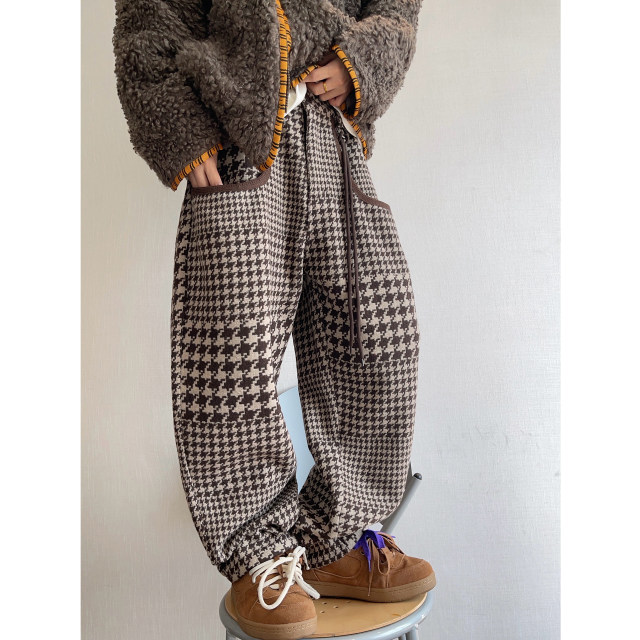 Dannyandzee spring irregular brown houndstooth retro heavyweight warm woolen casual pants men's trousers