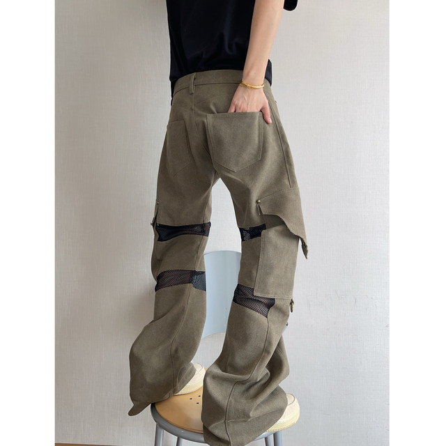 Dannyandzee spring and summer retro old army green canvas splicing mesh low-waist overalls scimitar pants for men