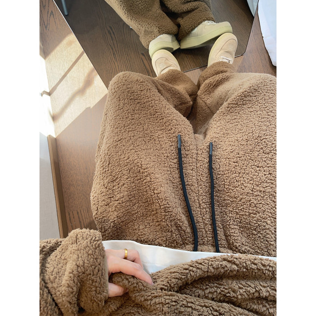 Dannyandzee winter warm plus velvet thickened cloud velvet solid color loose elastic waist warm sweatpants for men INS