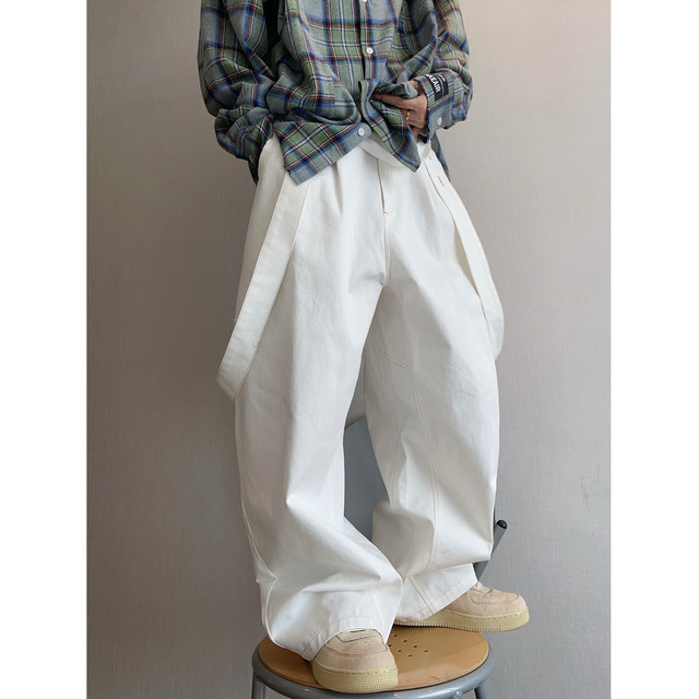 Dannyandzee spring retro versatile washed old loose white overalls men's straight pants INS