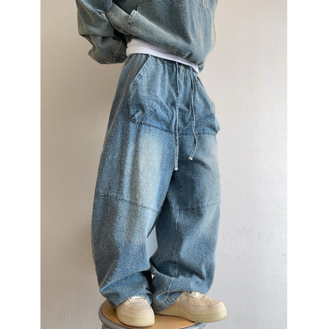 Dannyandzee spring and summer ripped heavy washed loose kangaroo pocket elastic waist ripped hook pattern jeans for men INS