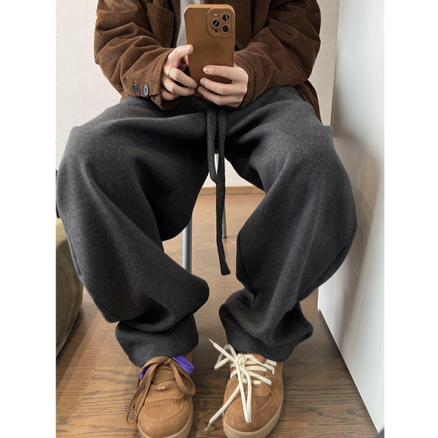 Elastic waist ribbon solid color woolen scimitar pants