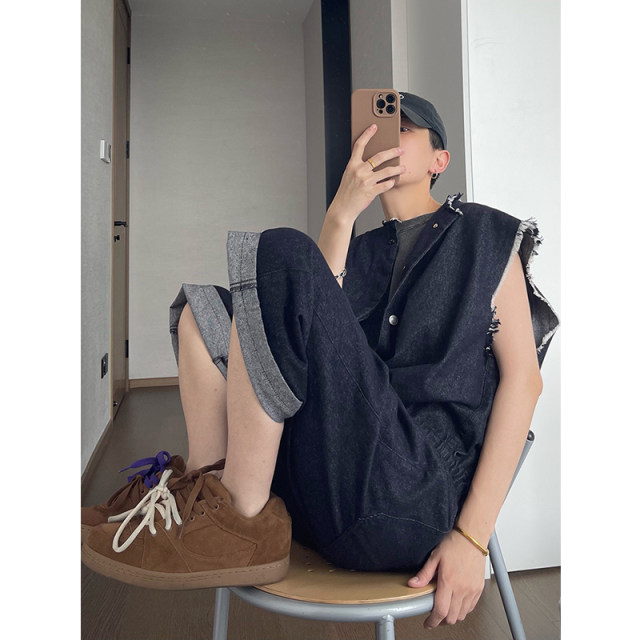 Dannyandzee summer retro versatile denim raw edge loose one-piece sleeveless three-quarter jeans for men INS