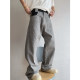 Dannyandzee spring retro cement gray washed canvas splicing PU leather micro-flared overalls men's trousers INS