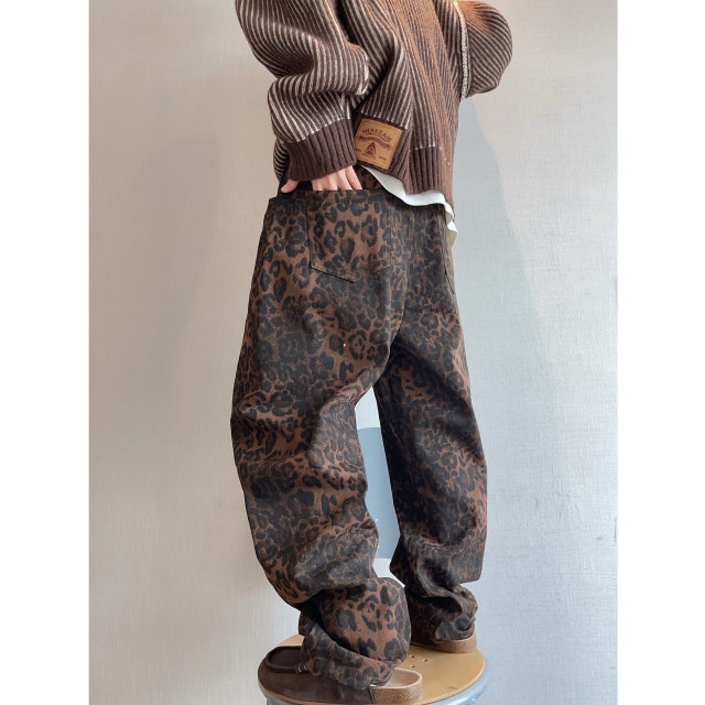 Dannyandzee spring retro versatile brown ginger twill canvas leopard print scimitar pants overalls
