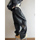 Dannyandzee spring retro versatile solid color loose warm windproof PU leather straight casual pants for men