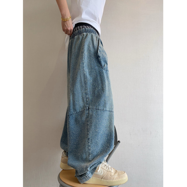 Dannyandzee spring and summer ripped heavy washed loose kangaroo pocket elastic waist ripped hook pattern jeans for men INS