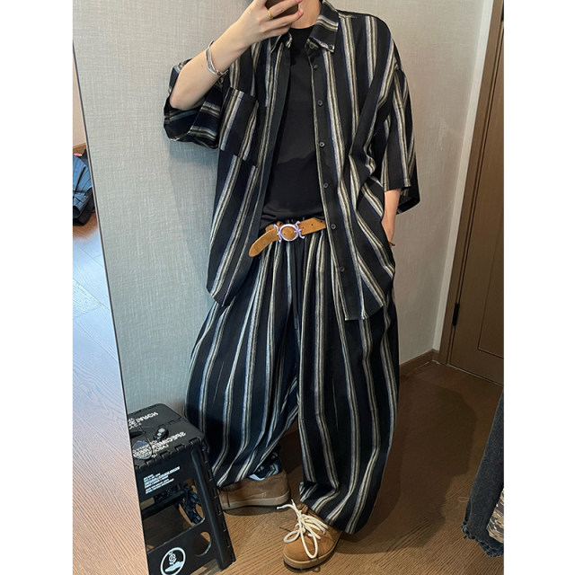 Dannyandzee summer loose retro versatile black thin vertical striped cotton linen short-sleeved shirt men's shirt