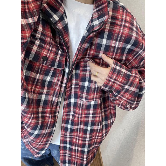 Dannyandzee spring retro all-match loose red and blue large plaid exaggerated stand collar zipper jacket for men