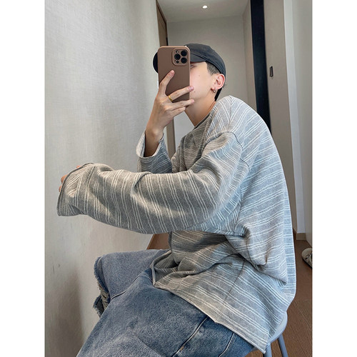 dannyandzee秋季复古百搭宽松毛边圆领条纹长袖T恤打底衫男薄款 - 图1