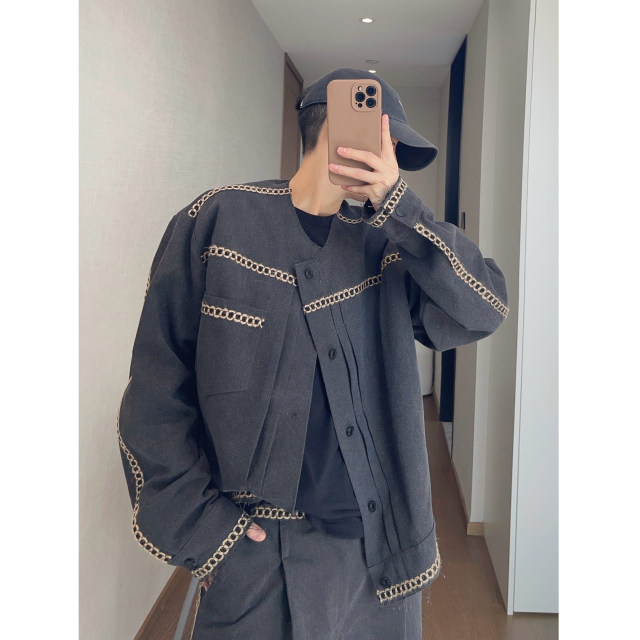 Dannyandzee spring and summer quite wide style beaded canvas loose collarless raw edge webbing work jacket for men