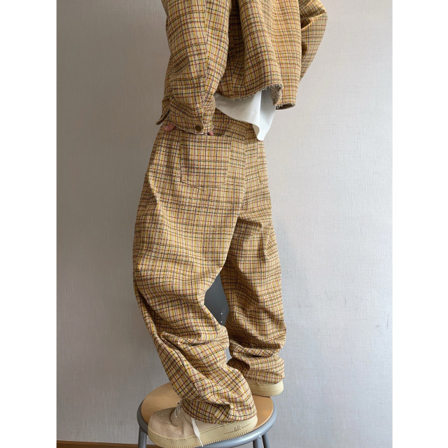 Dannyandzee spring retro washed biscuit color khaki plaid canvas scimitar pants men's overalls INS
