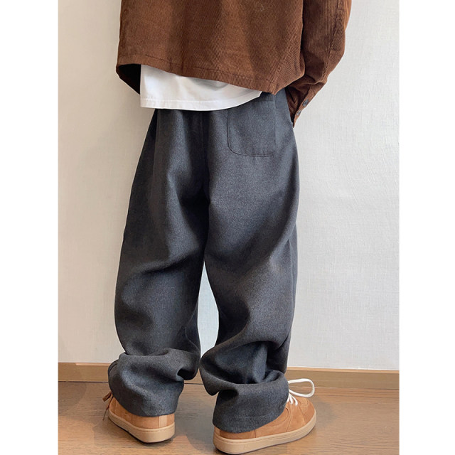 Elastic waist ribbon solid color woolen scimitar pants