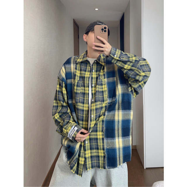 Dannyandzee spring retro handsome loose yellow and blue plaid splicing raw edge loose long-sleeved shirt for men INS