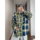 Dannyandzee spring retro handsome loose yellow and blue plaid splicing raw edge loose long-sleeved shirt for men INS
