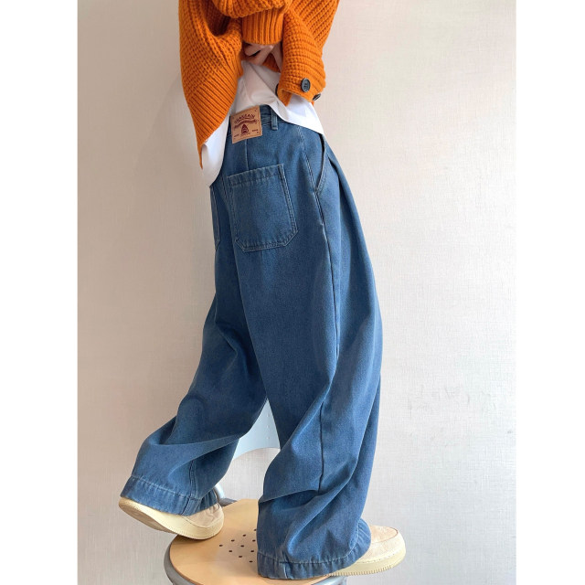 Dannyandzee winter retro heavy washed blue plus velvet thickened warm wide leg jeans men's trousers INS