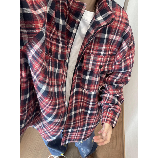 Dannyandzee spring retro all-match loose red and blue large plaid exaggerated stand collar zipper jacket for men