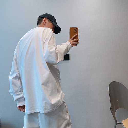 dannyandzee秋季潮牌百搭纯色235g棉二本针圆领长袖T恤男打底衫 - 图3