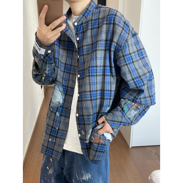 Dannyandzee spring retro gray blue plaid stand collar raw edge distressed hand-painted long-sleeved shirt for men