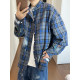 Dannyandzee spring retro gray blue plaid stand collar raw edge distressed hand-painted long-sleeved shirt for men