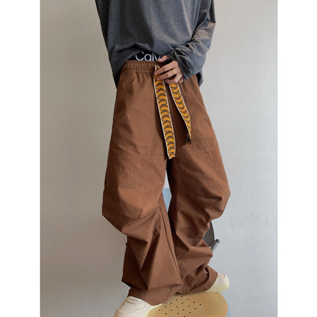 Dannyandzee spring retro all-match washed distressed brown tiger pattern canvas scimitar pants overalls for men INS