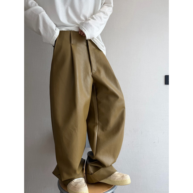 Dannyandzee spring retro versatile solid color loose warm windproof PU leather straight casual pants for men