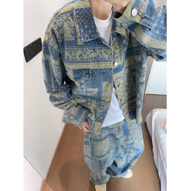 Dannyandzee spring and summer thin yellow cashew flower printed contrasting color short raw edge denim jacket for men
