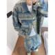 Dannyandzee spring and summer thin yellow cashew flower printed contrasting color short raw edge denim jacket for men