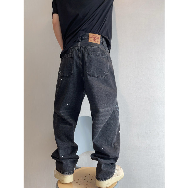 Dannyandzee Spring Retro Heavy Washed Hole Paint Spot Spray Paint Scimitar Pants Black Jeans Men's Trousers