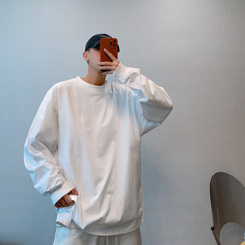 dannyandzee秋季潮牌百搭纯色235g棉二本针圆领长袖T恤男打底衫 - 图0