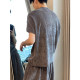 Dannyandzee summer lazy retro striped solid color raw edge loose short-sleeved shorts sports suit for men INS