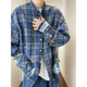 Dannyandzee spring retro gray blue plaid stand collar raw edge distressed hand-painted long-sleeved shirt for men