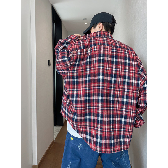 Dannyandzee spring retro all-match loose red and blue large plaid exaggerated stand collar zipper jacket for men