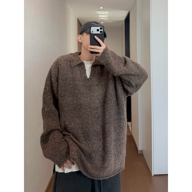 Dannyandzee spring retro all-match loose soft waxy V-neck thick line pullover lapel dropped shoulder knitted sweater for men