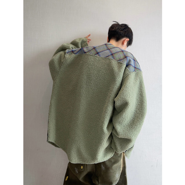 Dannyandzee spring retro ice cream green plaid velvet warm thickened collarless coat jacket for men