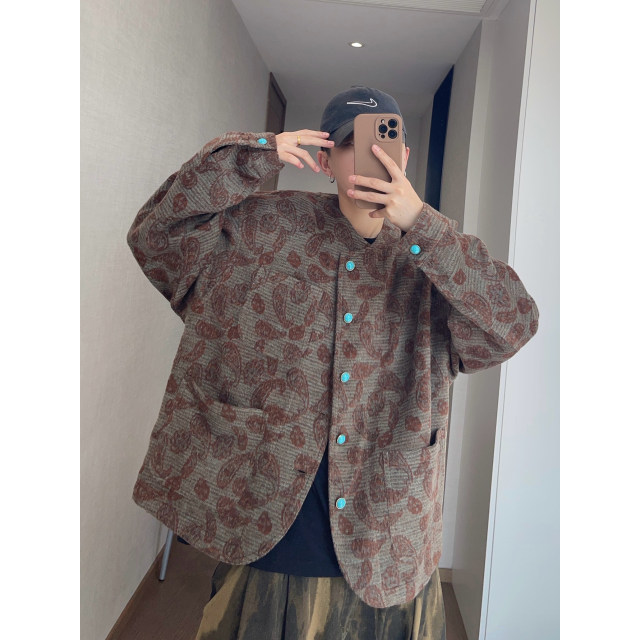 Dannyandzee spring retro cashew flower turquoise buckle contrast jacquard collarless woolen jacket for men