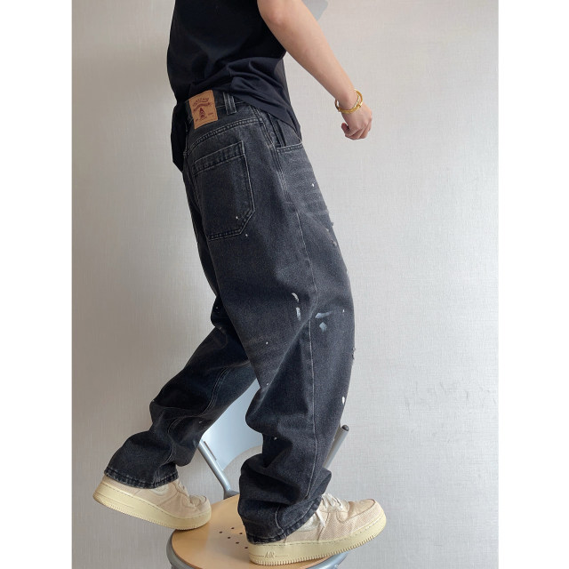 Dannyandzee Spring Retro Heavy Washed Hole Paint Spot Spray Paint Scimitar Pants Black Jeans Men's Trousers