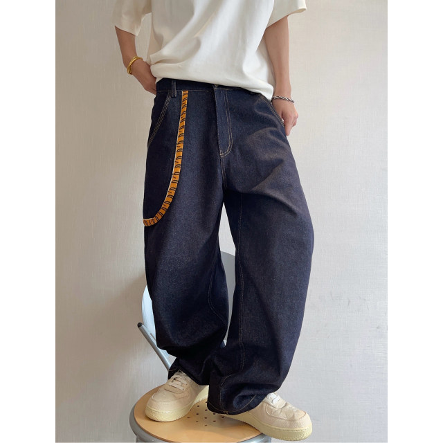 Dannyandzee spring retro all-match navy blue raw cow color tiger stripe web jeans men's scimitar pants INS